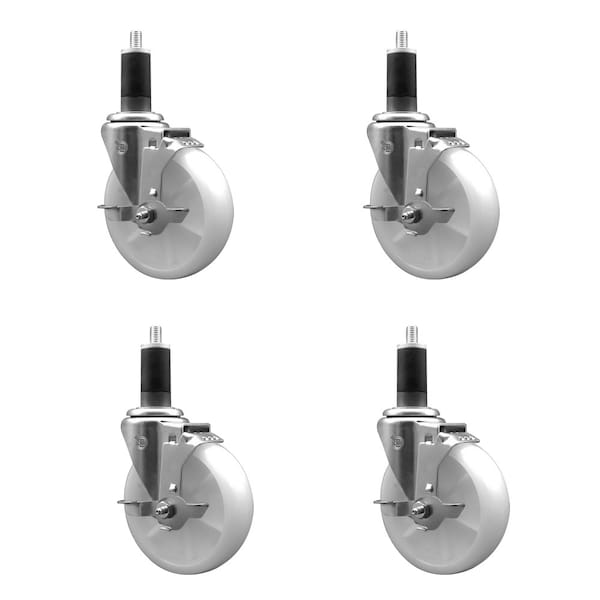 5'' SS Nylon Swivel 1-1/4'' Expanding Stem Caster Set with Brake, 4PK